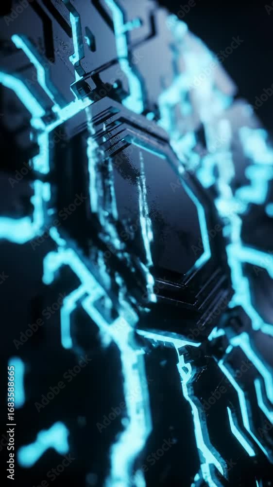 Poster a close-up push-in video of a futuristic ai data core with intricate geometric lines pulsating vibra