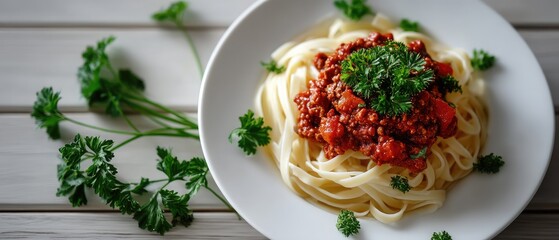 A plate of spaghetti is served with a hearty meat sauce and topped with fresh herbs, creating a mouthwatering culinary delight