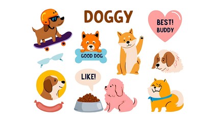 Obraz premium Cute dog stickers collection on a white background with accessories