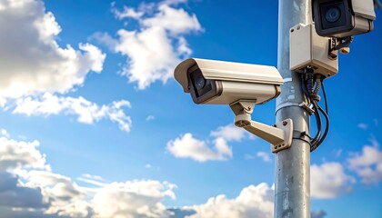 Multiple security cameras mounted on a metal pole against a vibrant blue sky dotted with fluffy white clouds.
