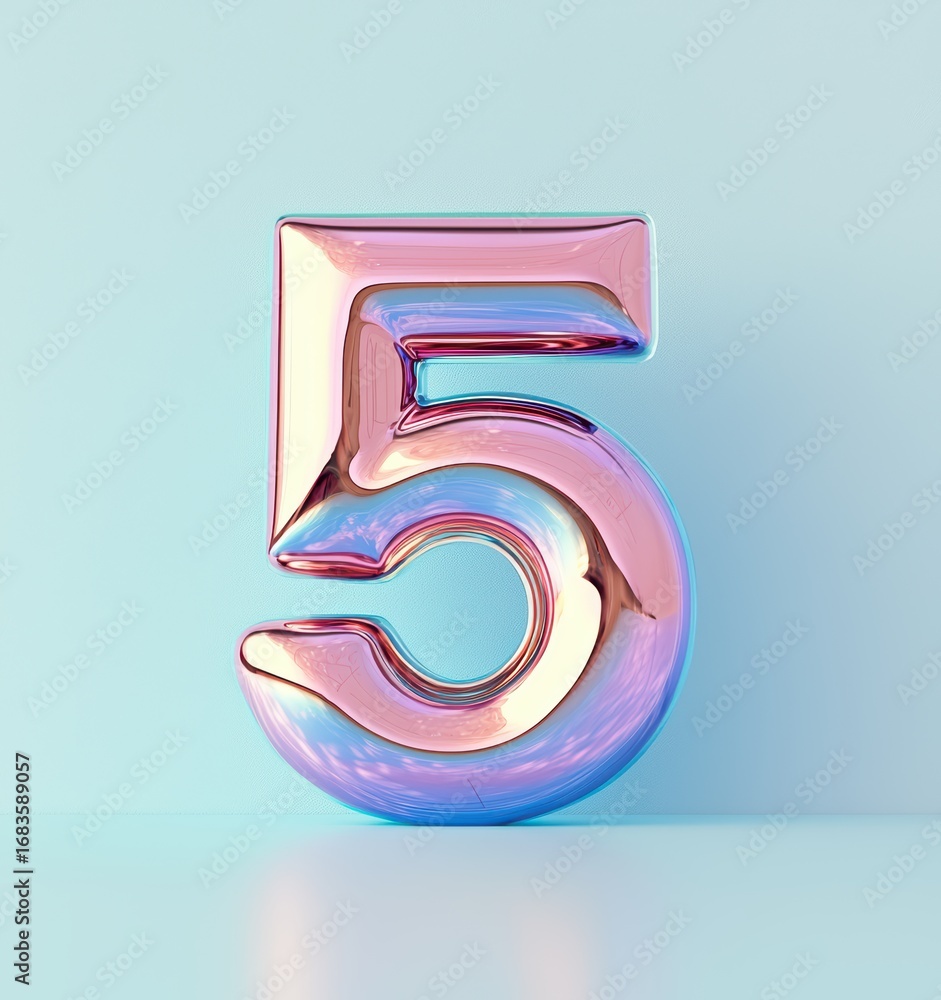 Poster glossy three-dimensional number five on soft blue background
