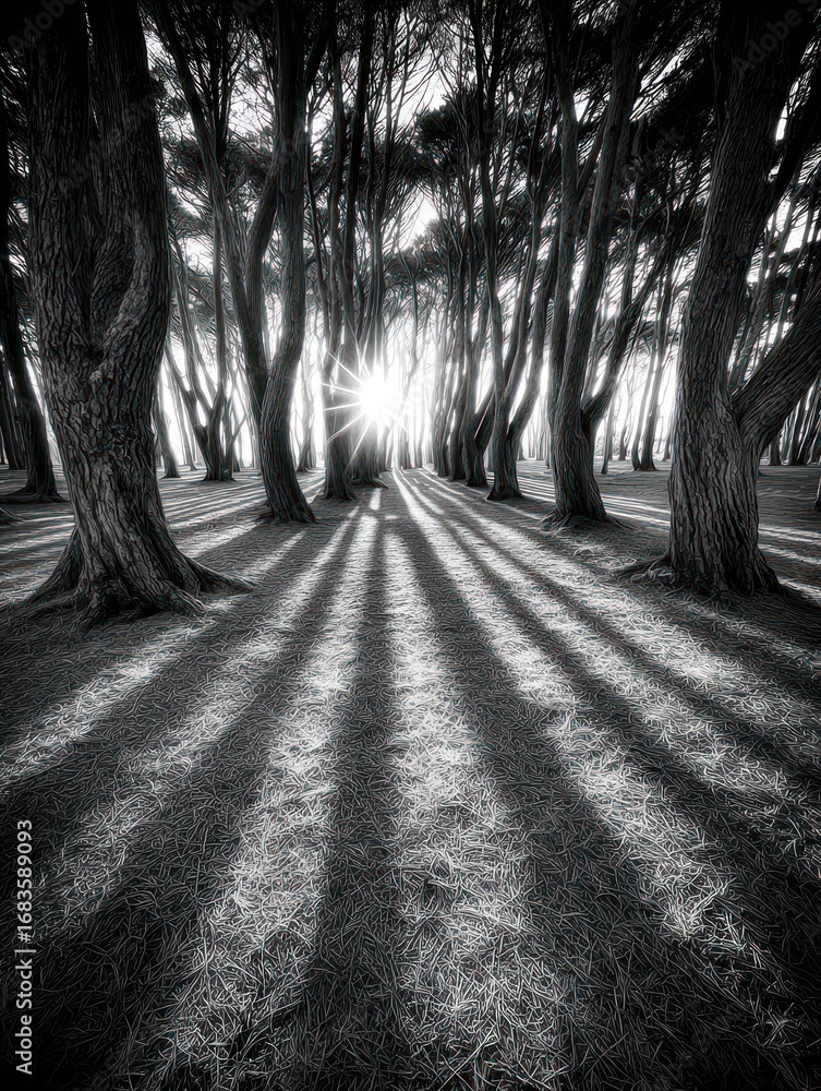 Aufkleber sunlight streams between tall trees, creating striking shadows on the forest floor during an evening