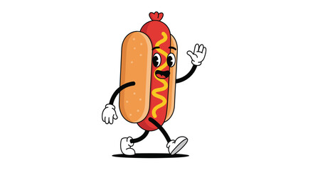 Whimsical vintage hot dog character waves hello with joyful animation
