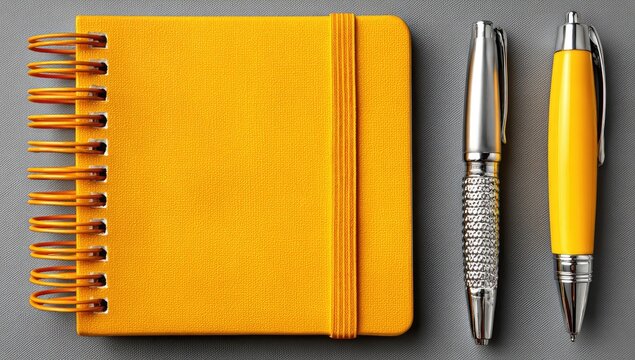 Two yellow pens and a small yellow notepad on a gray surface