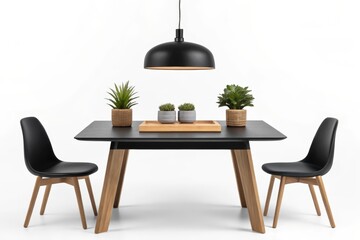 Black dining table with chairs and potted plants under pendant light