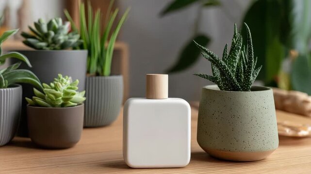 Home fragrance diffuser on wooden table surrounded by potted plants, offering a natural atmosphere. Home fragrance with modern design complements room's plant decor.
