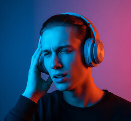 Portrait of young guy with headphones touching head and squinting like in pain or confusion in neon light against gradient background showing discomfort