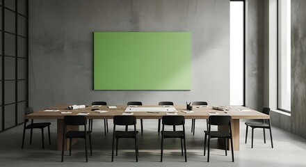 Modern Conference Room with Green Board, Wooden Table, and Black Chairs