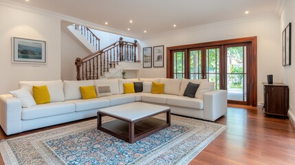 Modern living room interior with bright decor and cozy seating area