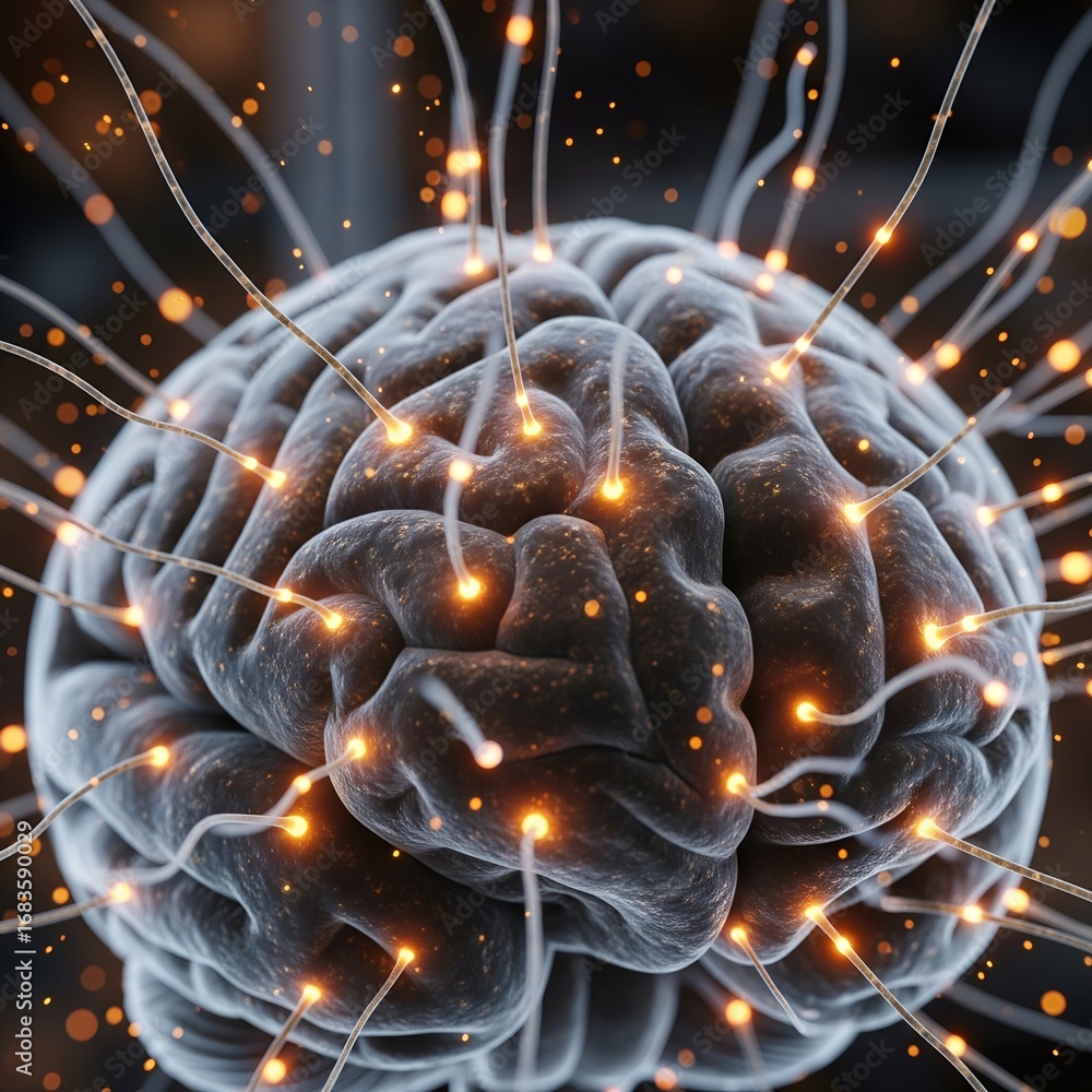 Poster abstract representation of a human brain with glowing neural connections and energy pathways
