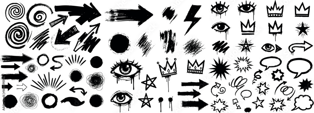 Poster grunge arrows and eye symbols vector set with crowns and speech bubbles for design