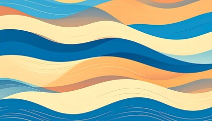 Abstract wavy design featuring layered, fluid lines in a vibrant palette of blues, oranges, and yellows.