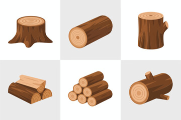 Wood log and stump grid, timber stack icons, cut trunk slices, lumber bundle set, rustic clipart, vector illustration, square tile layout, isolated on white