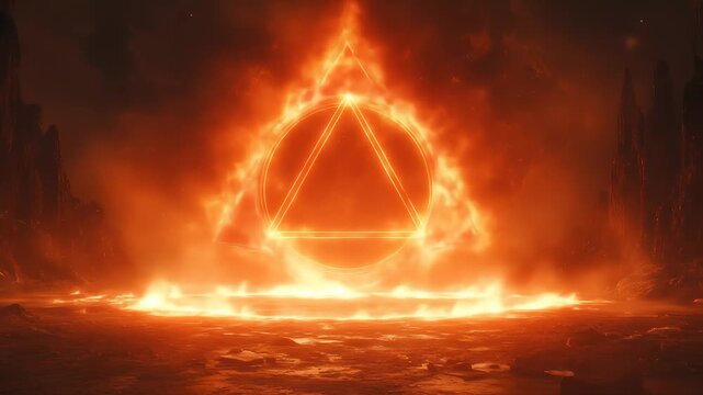 Glowing fiery triangle symbol with circle burning on ground in dark mystical scene
