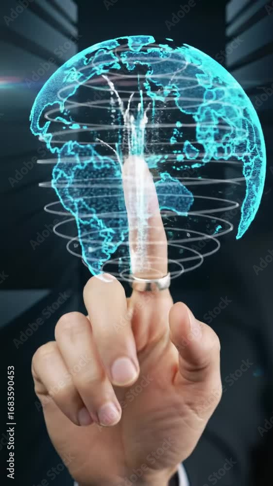 Poster professional hand taps glowing holographic interface, releasing electric blue data expanding into a 