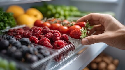 Fresh leafy greens are being carefully stored in a refrigerator, emphasizing the importance of nutrition and meal preparation