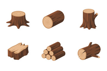 Wood logs and stumps, lumber cut pieces, split firewood stack, round trunk section, forestry vector icons, flat style, isolated on white, outdoor camp design