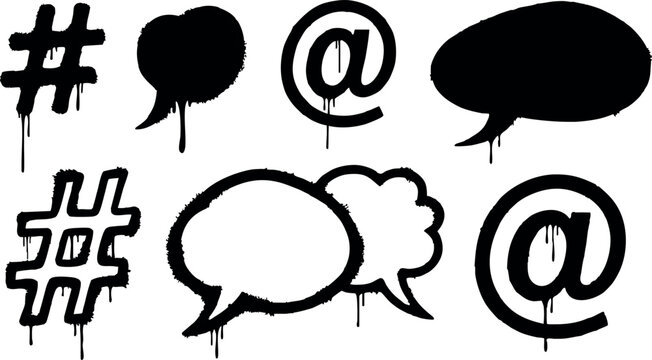 Graffiti style black social media symbols hashtag at mention chat bubbles vector illustration 