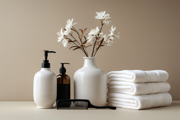 Modern Scandinavian-Inspired Bathroom Decor Composition Featuring Ceramic Vase, White Bottle, Black Comb, and Towels – Calm Neutral Aesthetic