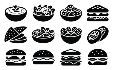 Vector art of collection of food icons featuring bowls of salad, sandwiches, burgers, tacos, and nachos for restaurant menus