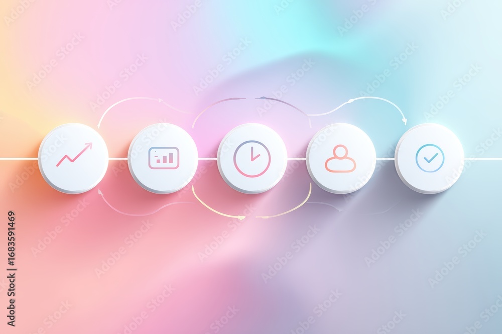 Poster business process visualization: clean and modern graphic presents a series of circular icons represe