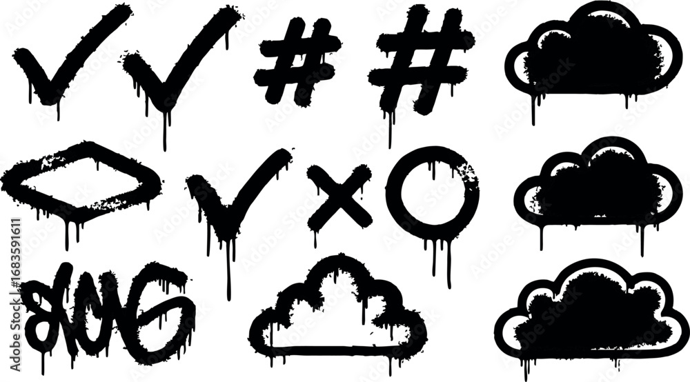 Poster grunge style check marks hashtags clouds vector illustration with dripping ink effect