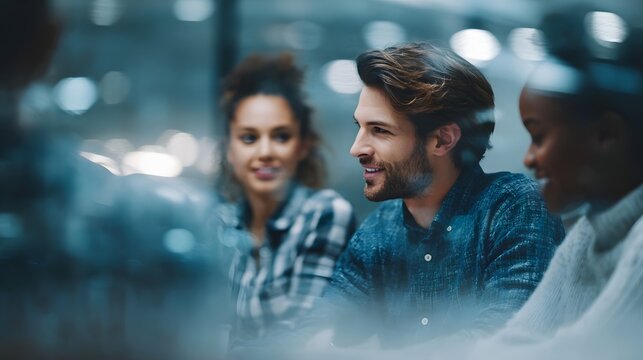 Young diverse group of colleagues engaged in a lively discussion during a collaborative meeting in a modern office environment fostering new ideas