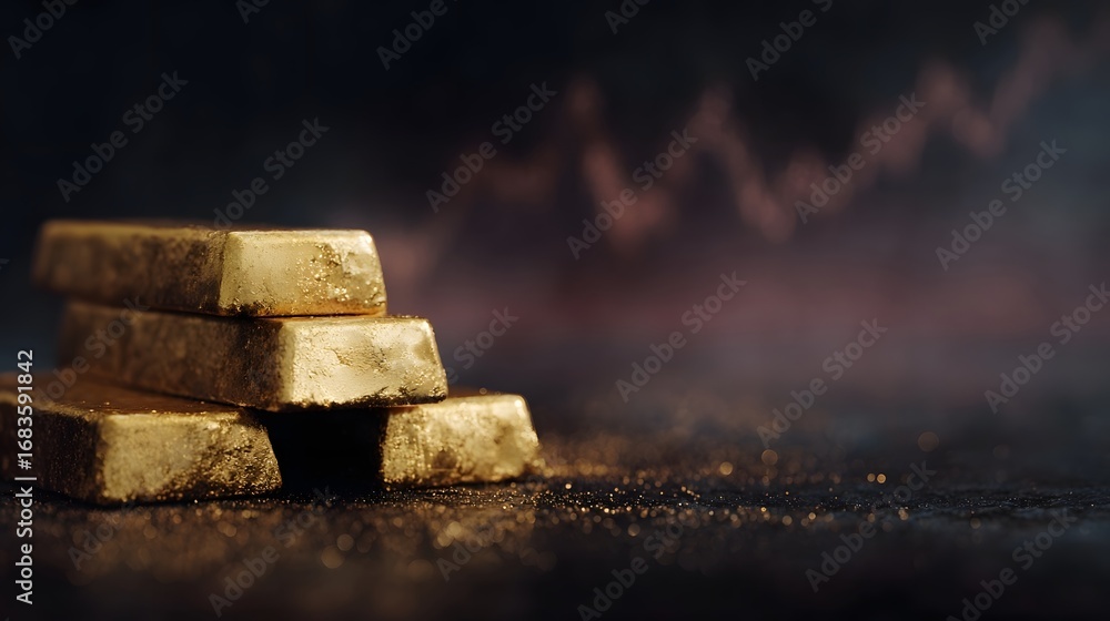 Poster stacked gold bars on a dark sparkling surface with a blurred financial graph in the background repre
