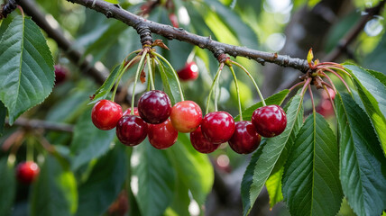 The cherries gleam like little jewels in the morningsun