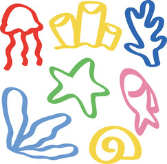 Cute Hand-Drawn sea Elements, fork, spoon, plate, knife, cup, glass, bowl, chopstick jellyfish, coral, seaweed, starfish, fish, shell – Colorful Doodle Collection