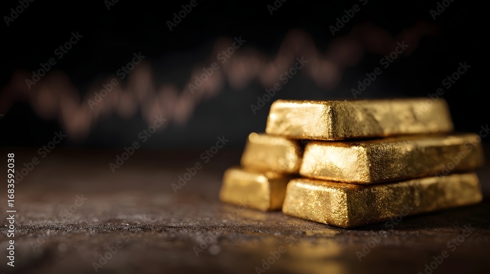 Poster a stack of gleaming gold bars sits on a textured surface with a blurred financial market graph in th