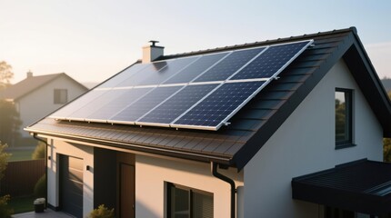 Naklejka premium Modern house with solar panels on the roof, sunlight