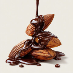 Melted dark chocolate pouring over a stack of almonds on neutral background