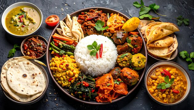 A vibrant array of diverse Indian dishes, including rice, curries, vegetables, and flatbreads, presented on a large platter.