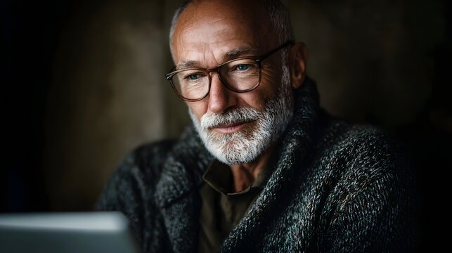 An elderly man with a white beard and glasses is intently focused on a digital tablet reviewing important financial information