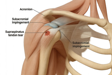 Shoulder Anatomy with Supraspinatus Tendon Tear and Subacromial Impingement - Illustration