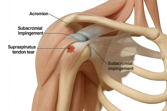 Shoulder Anatomy with Supraspinatus Tendon Tear and Subacromial Impingement - Illustration