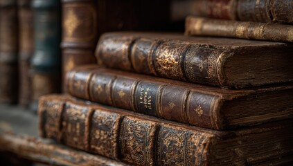 Fototapeta premium Stacked antique books on a shelf