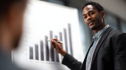 Professional African American man presenting a bar growth chart to a client during a focused corporate business meeting emphasizing financial