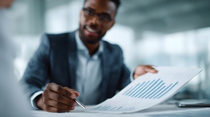 A professional man in a suit presents a financial growth chart to a client during a business meeting discussing strategy and data analysis