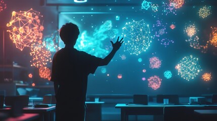 Silhouette of person interacting with holographic projection