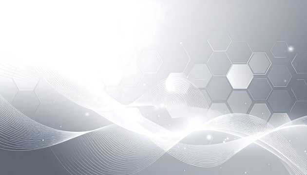 Abstract gray and white design with intricate hexagons and flowing lines, evoking a sense of technology and innovation.