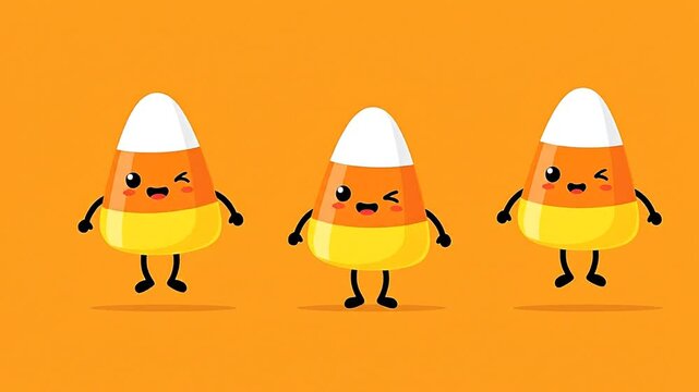 Playful and Cheerful Candy Corn Characters Vibrantly Dancing Against a Bright Orange Background for Halloween or Celebration Themes, Cartoon Style Illustrations for Kids and Holidays