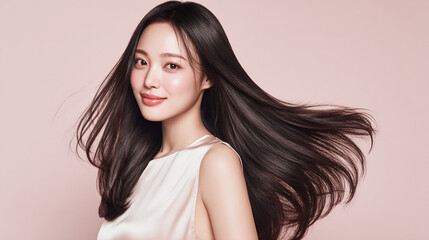 Naklejka premium An elegant female with glossy beautiful black long hair. Best use for advertisement for hair salon, hair care and beauty products such as shampoo and treatment.