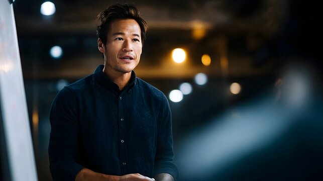 A confident Asian entrepreneur delivers a compelling business presentation in a modern dimly lit indoor setting sharing innovative ideas