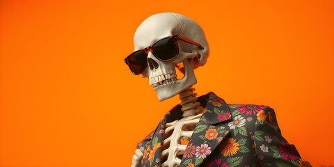 A skeleton wearing a colorful floral jacket and sunglasses poses against an orange background. Perfect for Halloween, fashion, and quirky projects