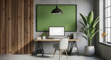 Modern home office setup with green accent wall, wooden paneling, and natural light