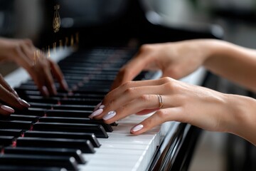 Fototapeta premium Woman playing piano with grace, showcasing musical talent and focus in a serene indoor setting