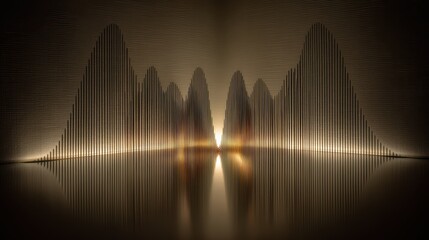 Golden Abstract Waveform Composition of Vertical Rods over a Reflective Surface with Warm Ambient Glow