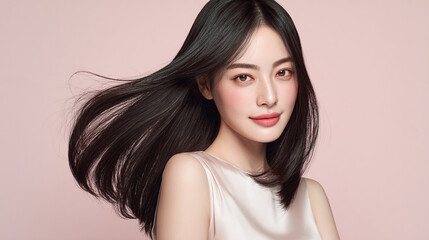 Fototapeta premium An elegant female with glossy beautiful black long hair. Best use for advertisement for hair salon, hair care and beauty products such as shampoo and treatment.